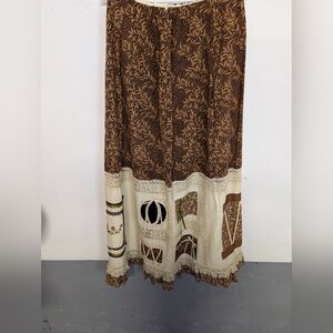 Vintage Handmade Cottagecore Brown Cream Maxi  From 1970s Prairie Fashion Size L